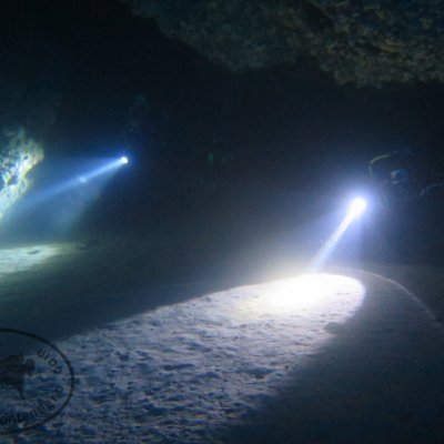 Diving in the underwater cave Zlatna Vala. Montenegro