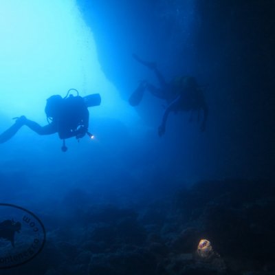 Dive in the underwater cave Golden Bay. Montenegro
